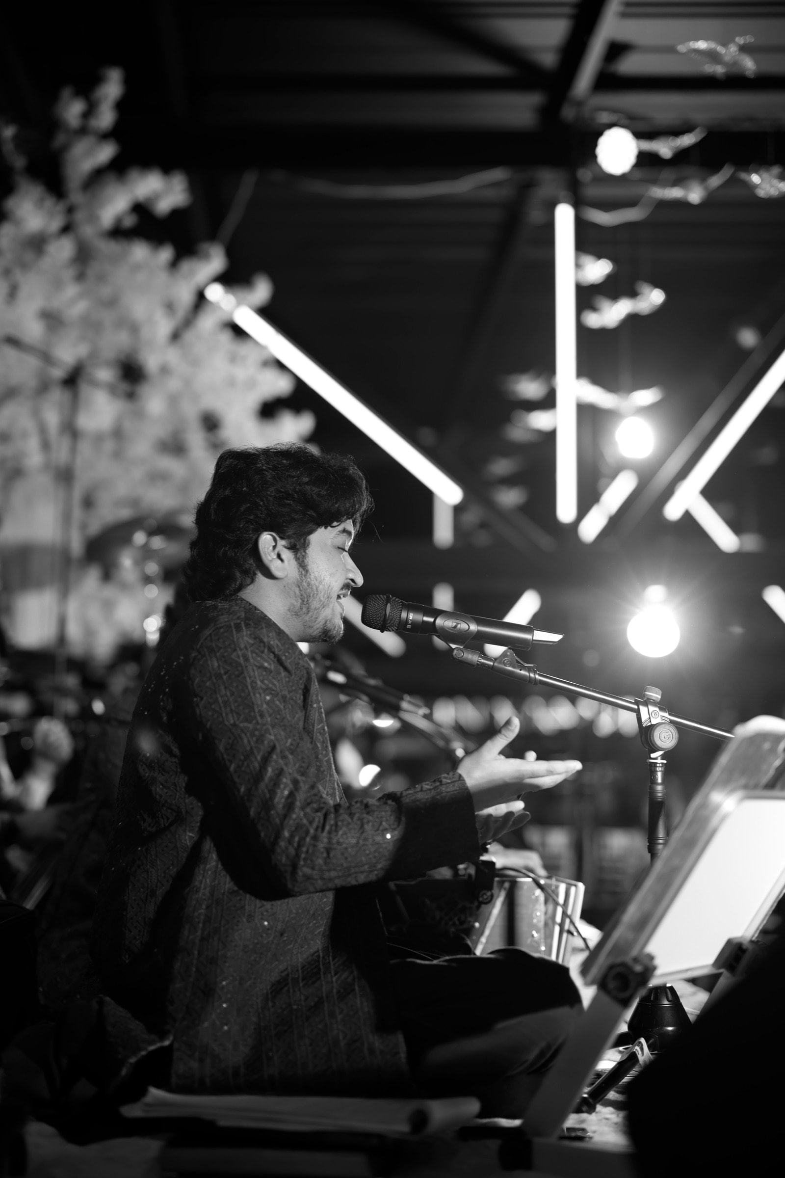 Singer at the microphone, lit from behind
